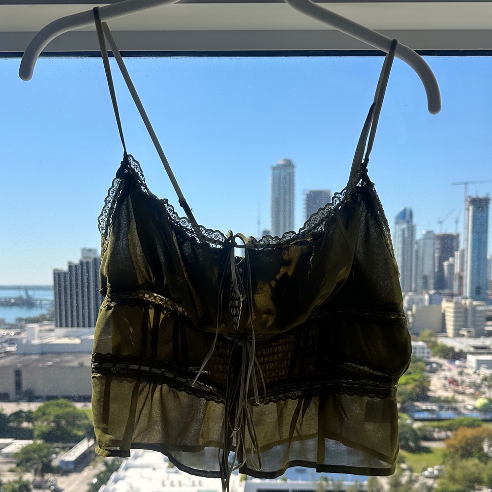 Sheer Olive Green Lace-Trim Tank Top